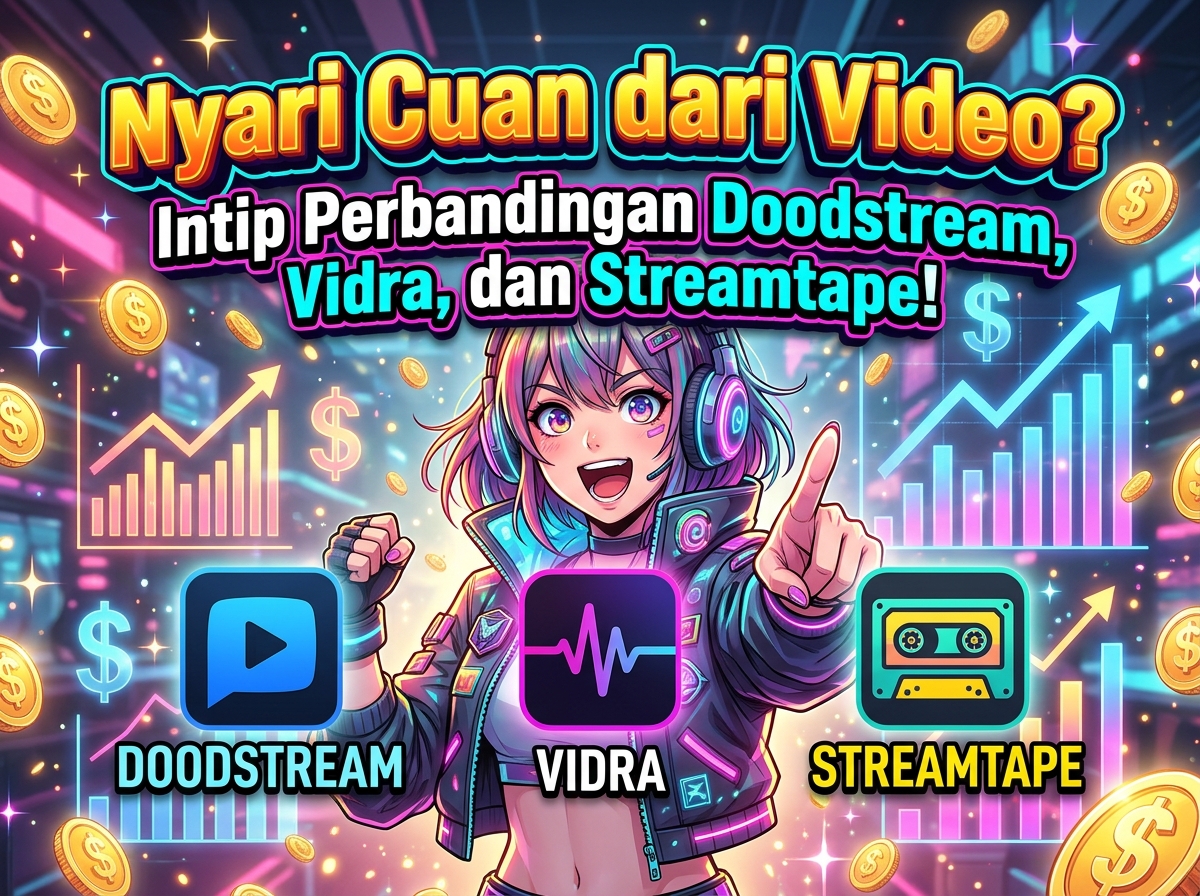 Ilustrasi gaya anime menampilkan karakter kreator perempuan di depan monitor dengan logo Doodstream, Vidra, Streamtape, dan teks judul Nyari Cuan dari Video.