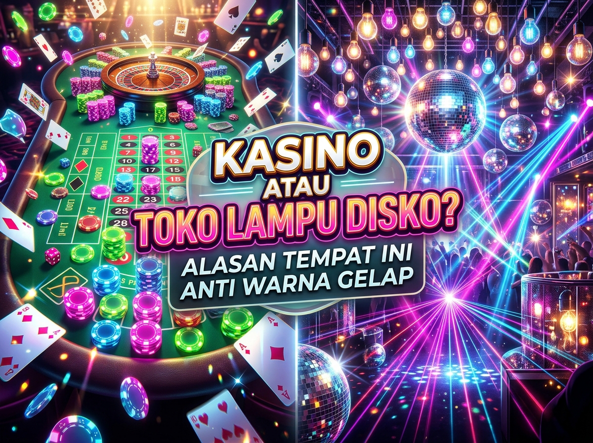 Ilustrasi perbandingan meja kasino dengan chip dan kartu rempah di sisi kiri, serta lampu disko warna-warni yang terang benderang di sisi kanan, lengkap dengan teks bertuliskan "Kasino atau Toko Lampu Disko?"