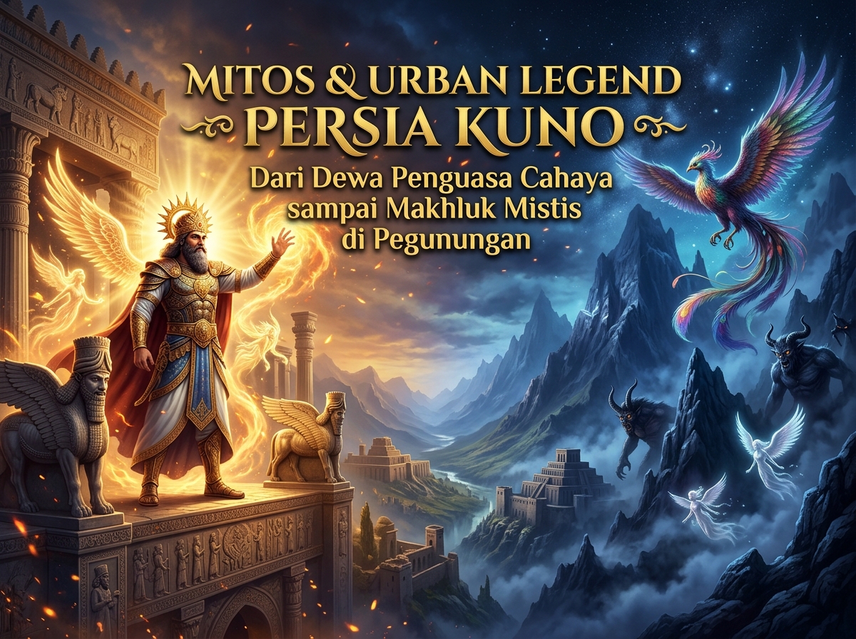 Banner ilustrasi mitologi Persia Kuno menampilkan Dewa Penguasa Cahaya emas dan makhluk mistis di pegunungan dengan teks judul artikel.