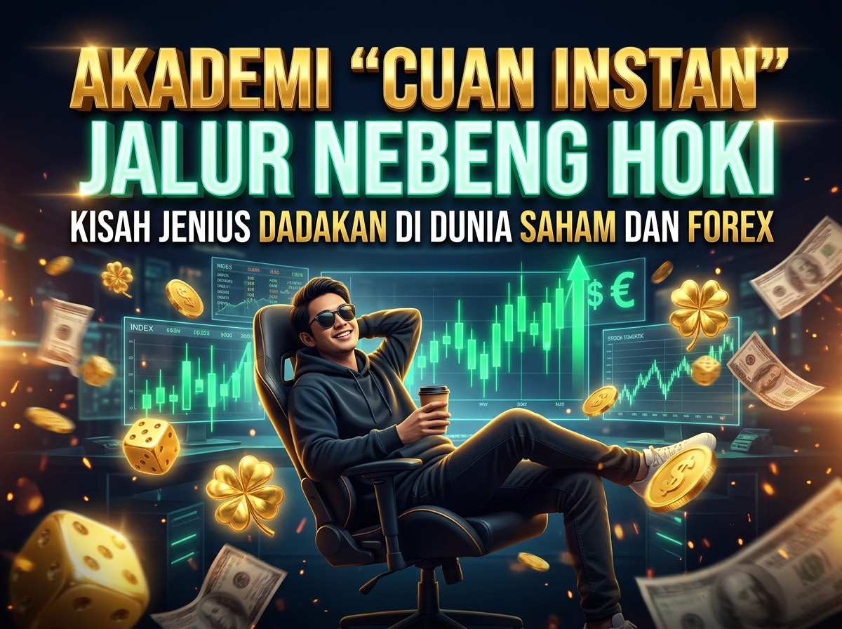 Ilustrasi trader akademi cuan instan jalur nebeng hoki di dunia saham dan forex dengan latar grafik candlestick hijau