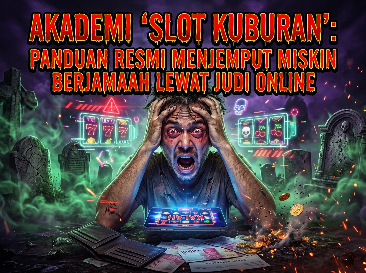 Ilustrasi pria stres akibat judi online di pemakaman dalam banner Akademi Slot Kuburan